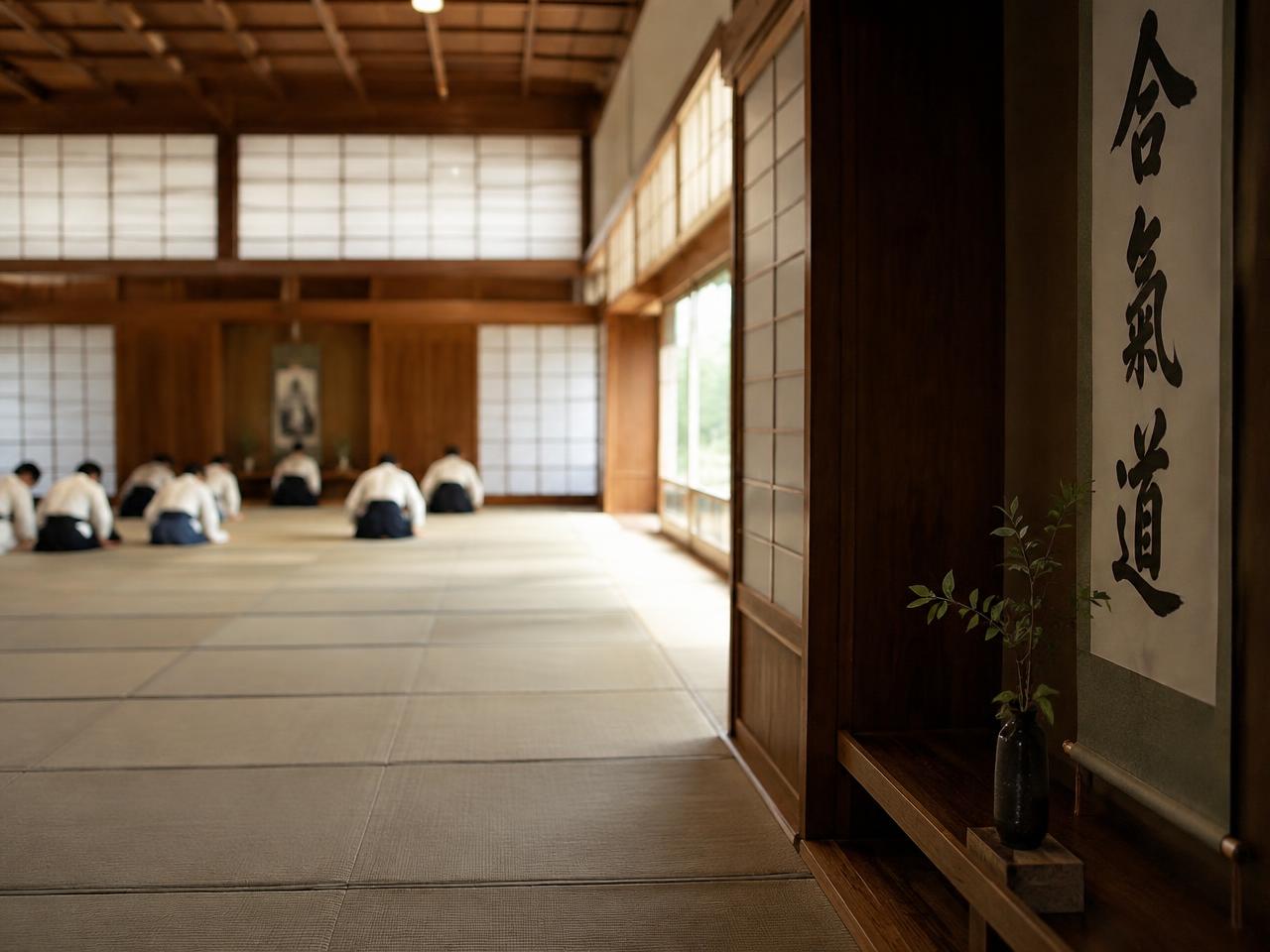 Alumnos saludando en un dojo con tatami